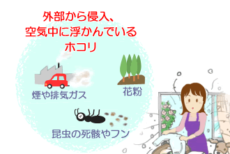 外部から侵入、空気中に浮かんでいるホコリ：煙やｊ排気ガス、花粉、昆虫の死骸やフン