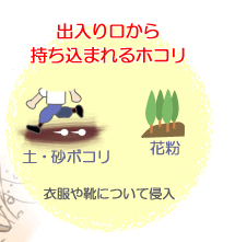 出入り口から持ち込まれるホコリ：土・砂ボコリ、花粉：衣服や靴について侵入