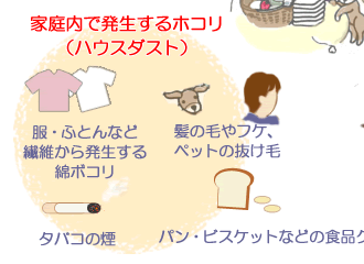 家庭内で発生するホコリ（ハウスダスト）：服・ふとんなど繊維から発生する綿ボコリ、髪の毛やフケ、ペットの抜け毛、タバコの煙、パン・ビスケットなどの食品クズ